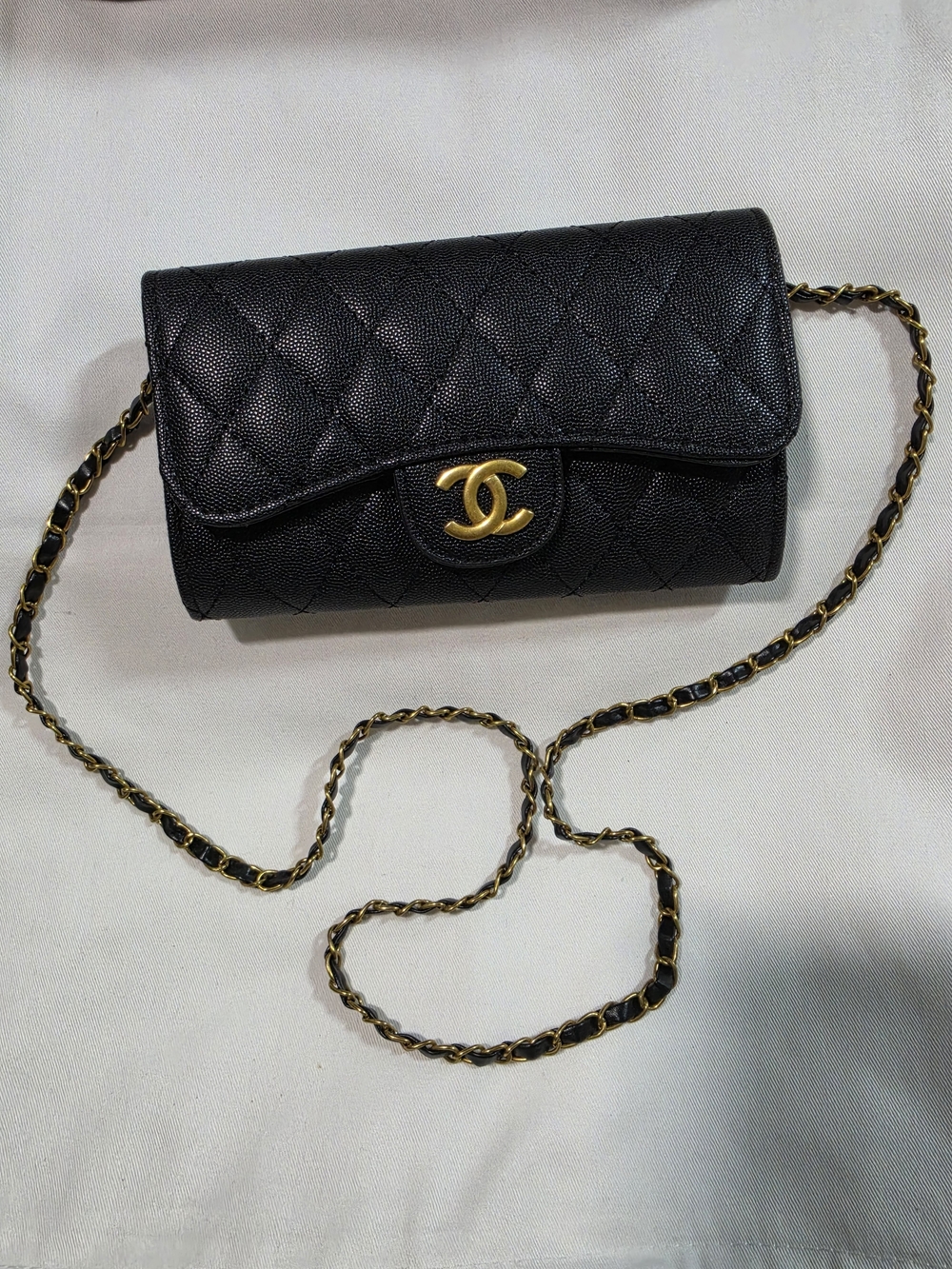 Black Quilted Leather Long Wallet With Strap